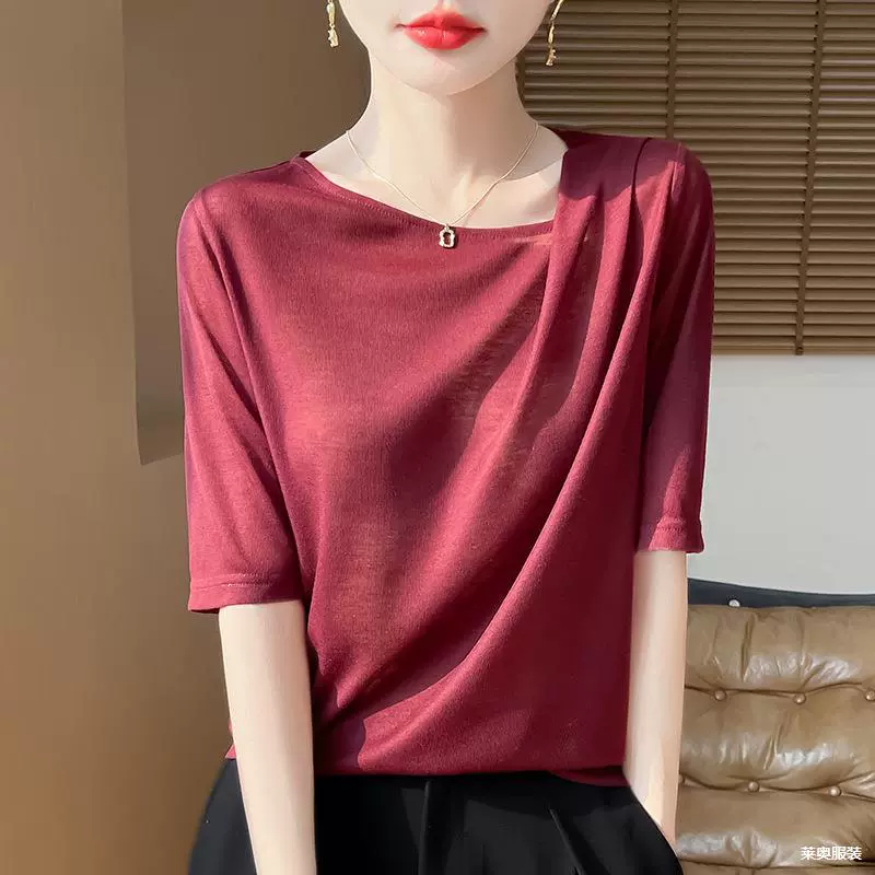 Летний новый нерегулярный дизайн с короткими рукавами футболка женская тонкая кожа вязаный топ с половиной рукава