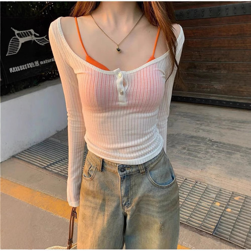 898# new summer sunscreen clothes thin long-sleeved T-shirt versatile layered waist design button cardigan top