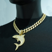 嘻哈满钻鲨鱼吊坠时尚水钻锌合金欧美个性古巴链项链个性吊坠项链