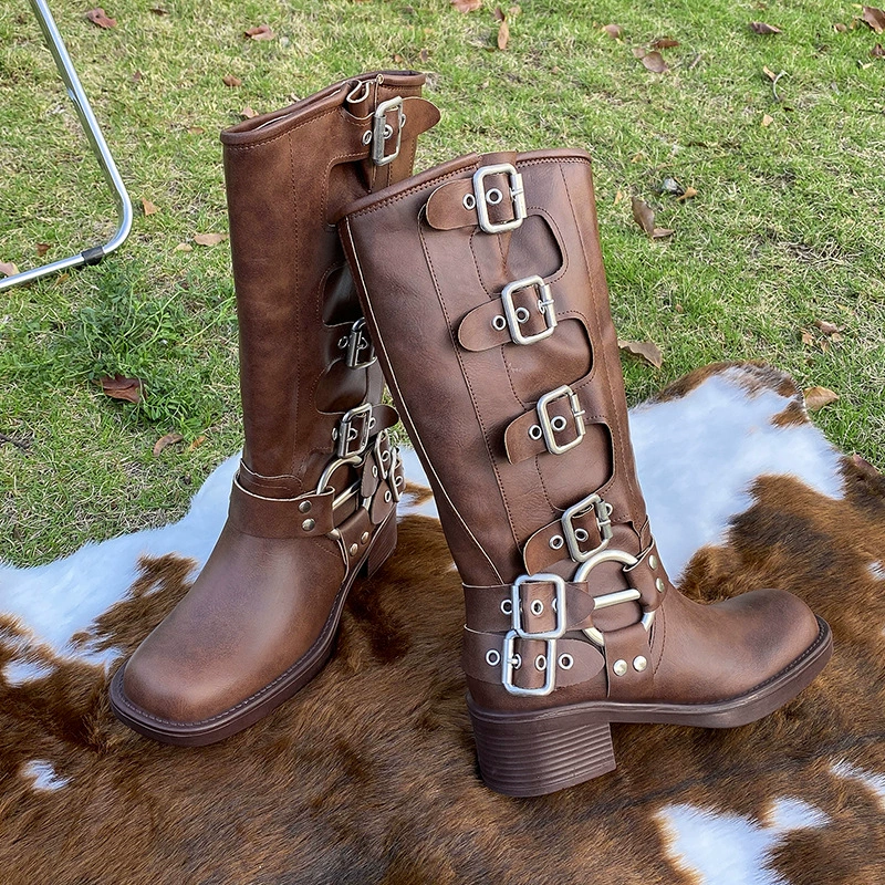 Сапоги на массивном каблуке с пряжкой и поясом, женские ковбойские сапоги в стиле вестерн, 2023 новые высокие модные сапоги рыцаря в стиле ретро