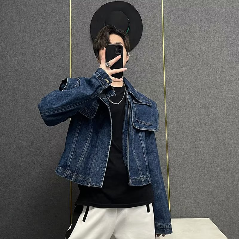 2023 Autumn and Winter Denim Tops Men's Retro Shawl Pocket Design Tall Short Style Chic Top Trendy