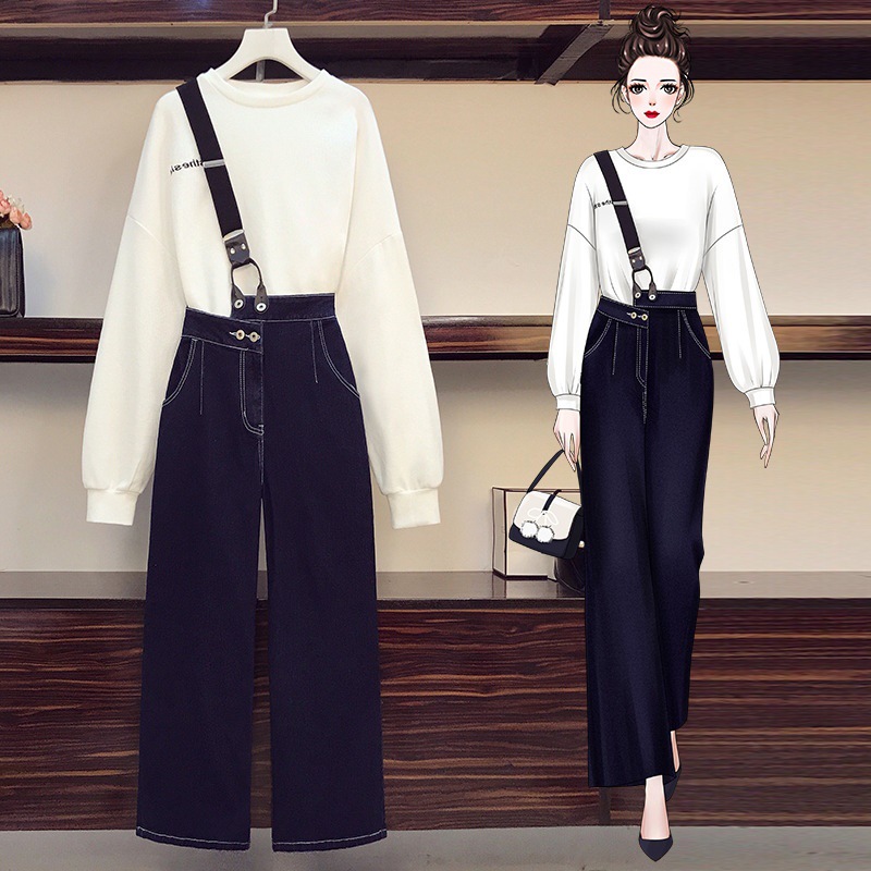 实拍2021年春装新款大码女装时尚显瘦牛仔背带裤洋气卫衣套装bf风|ms
