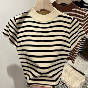 2023 Autumn New Half-high Collar Striped Base Sweater Women's Slim-fit Slimming Short-sleeved Ice Silk Shoulder T-shirt