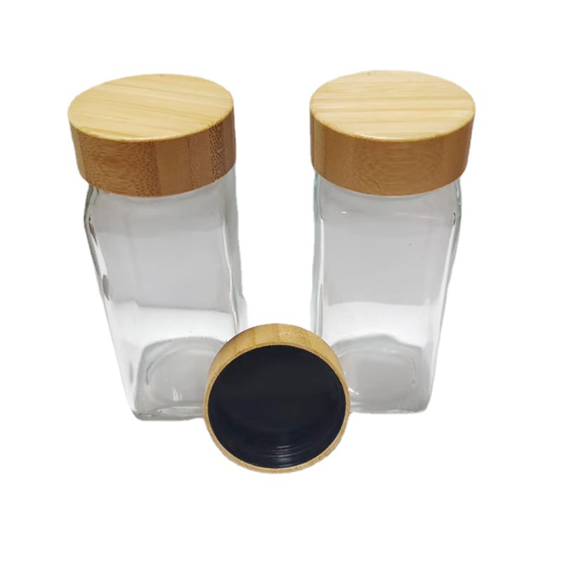 Tapa de madera de bambú condimento botella condimento frasco pequeña botella cuadrada transfronteriza Amazon selección producto con agujero polvo puede vidrio con tapa
