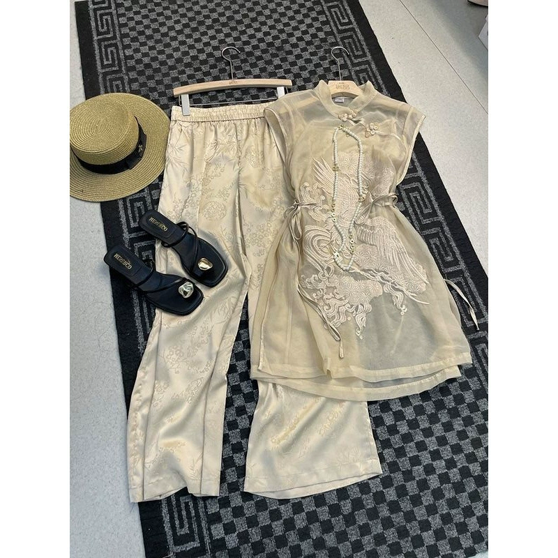 Новый китайский стиль женский костюм с широкими брюками премиум-класса 2025, летняя одежда для женщин, легкая роскошь и высокий стиль