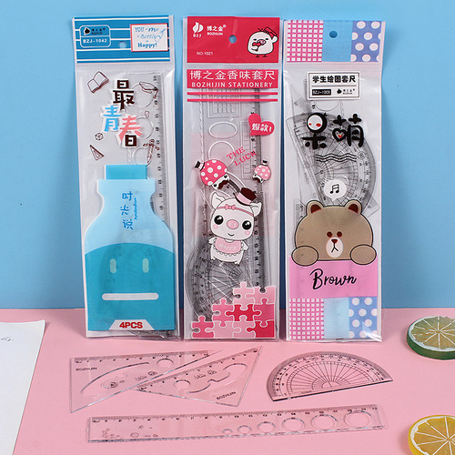 Creative Four-Piece Ruler Set Student Set Cartoon Ruler Transparent Meter Ruler Multi-Function Ruler Stationery Wholesale