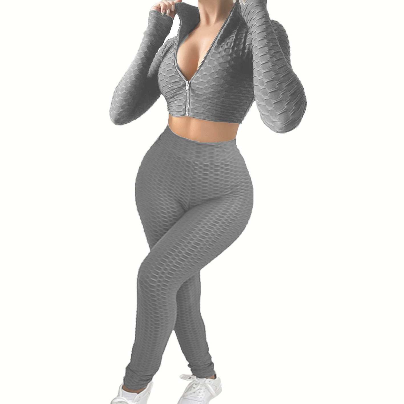 Conjunto de pantalón y top de manga larga con cuello en V de fitness en color liso NSYF75949