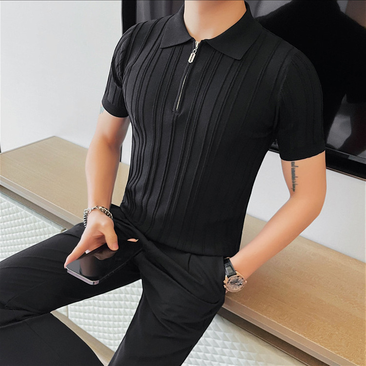 Polo camiseta de punto camiseta de manga corta hombre solapa media cremallera rayas viejas camisetas de hielo de viento de verano fábrica transfronteriza al por mayor