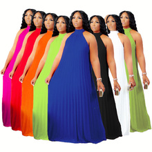 跨境女式大码度假裙 优雅气质压褶春游无袖长雪纺连衣裙亚马逊