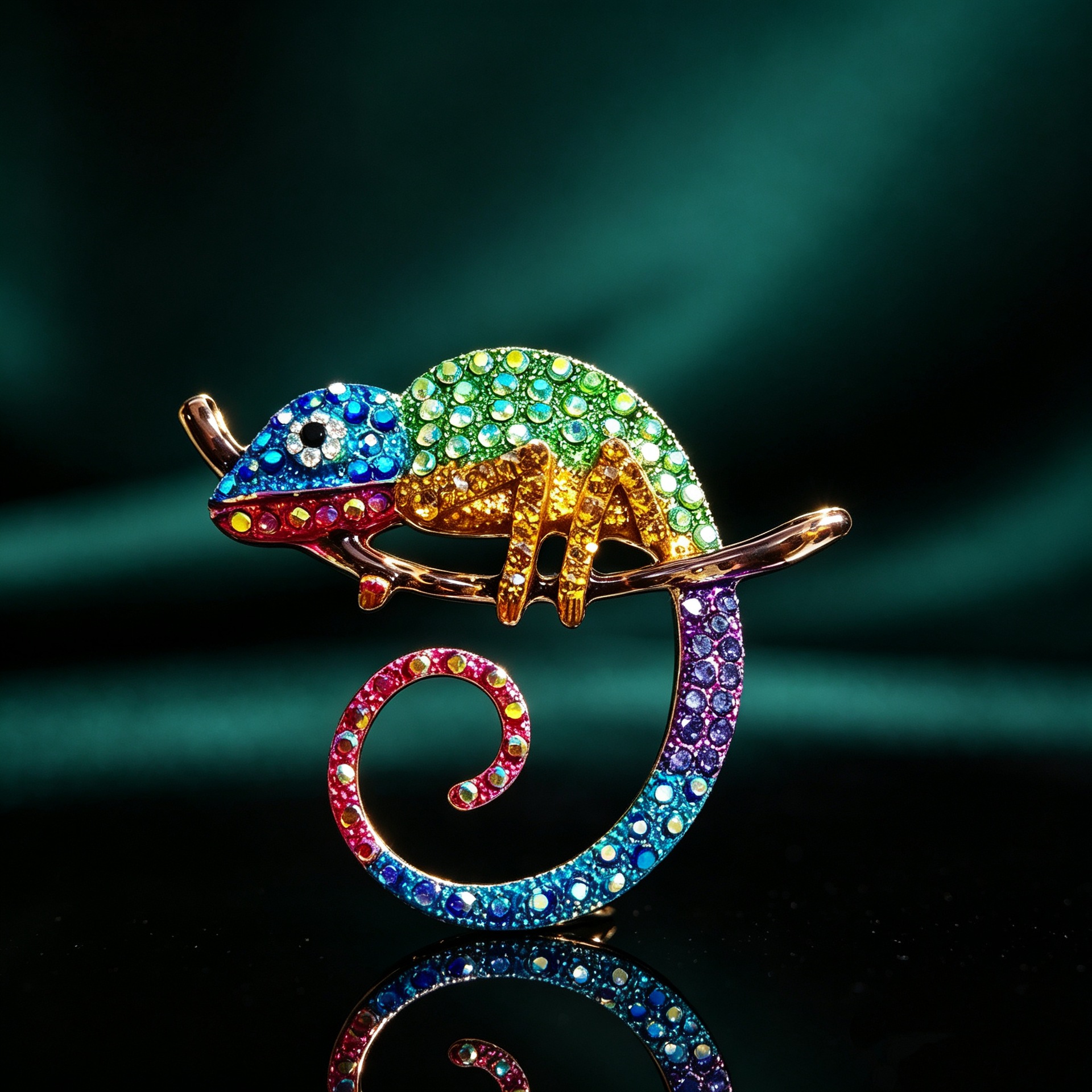 Colorful Chameleon Brooch with Diamonds, Animal Pin, Suit Accessory, Women's Vintage Enamel Brooch, Manufacturer Supply