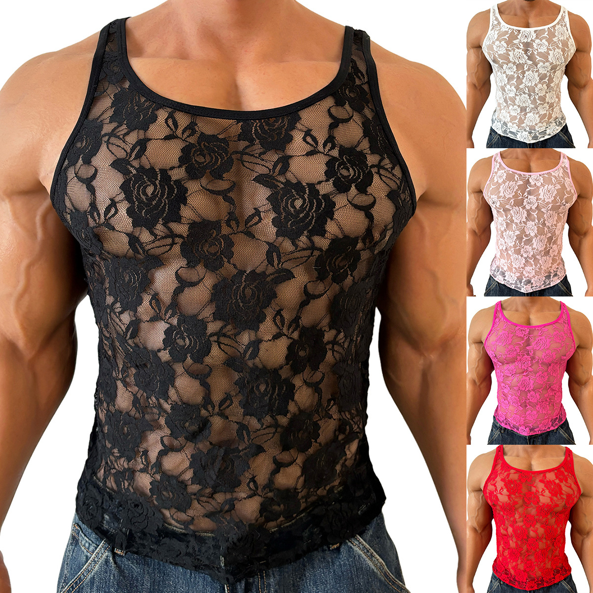 B0335 Cross-Border New Style Tight-Fitting High-Elastic Rose Lace Sleeveless Top with Round Neck, Sexy Nightclub Tank Top for Men