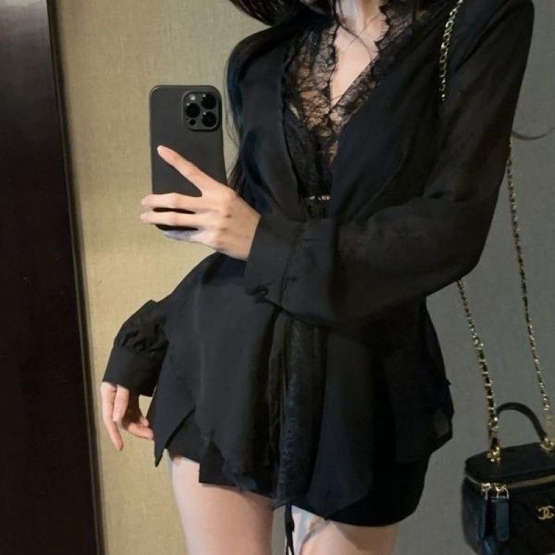 Lace Splicing Strap V-Neck Long-Sleeved Shirt for Women Summer Slim Black Waist Shirt Design Pure Lust Top
