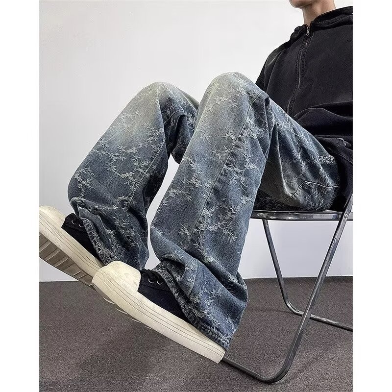 Pantalones Mezclilla Retro para Hombre de Mezclilla, Efecto Lavado y Corte Recto para Uso Diario