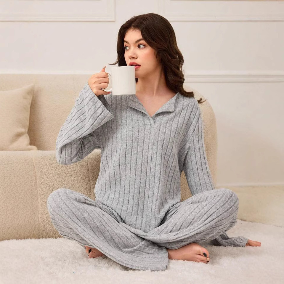 外贸大码睡衣休闲家居服套装时尚针织V领长袖上衣休闲坑条针织