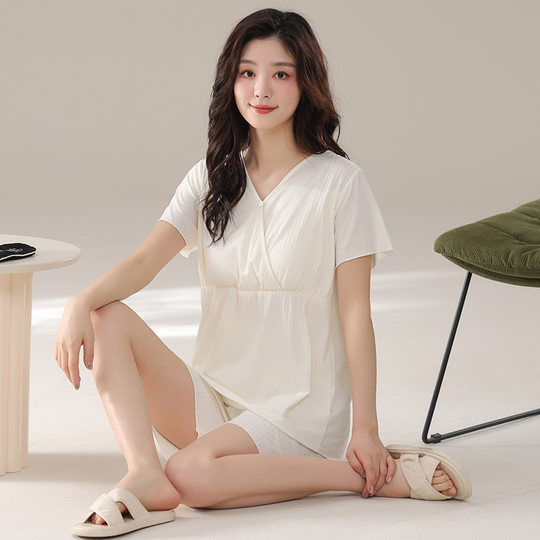 Summer Modal Short-sleeved Shorts with Chest Pad Round Neck Thin Solid Color Pregnant Women's Pajamas Nursing Home Clothes