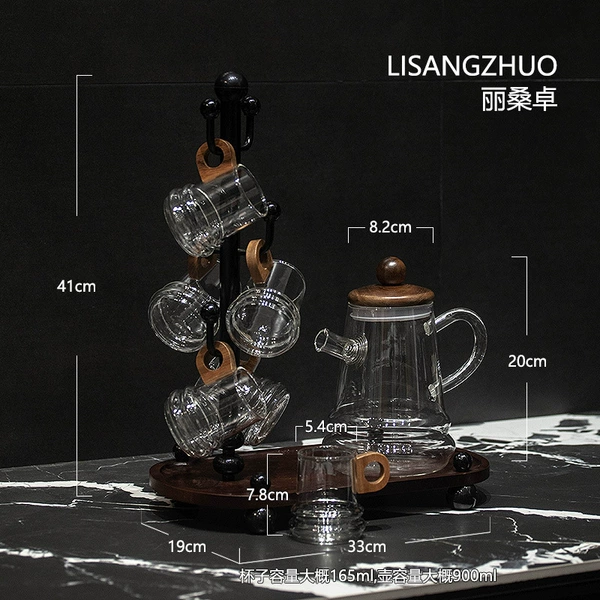 ZXY wooden handle circle water set B (1 pot, 6 cups, 1 cup holder wooden tray)