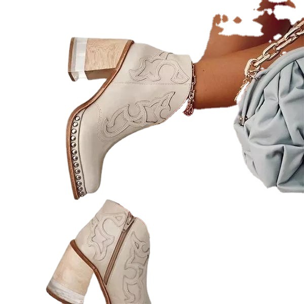 Women's Shoes short tube Martin boots women's medium heel pointed toe embroidered hot diamond boots _voghion.com