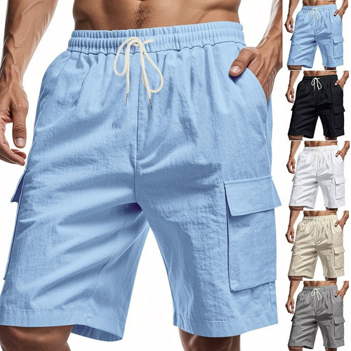 American-style multi-pocket cargo shorts for men, casual sports loose solid-color linen drawstring five-pocket pants