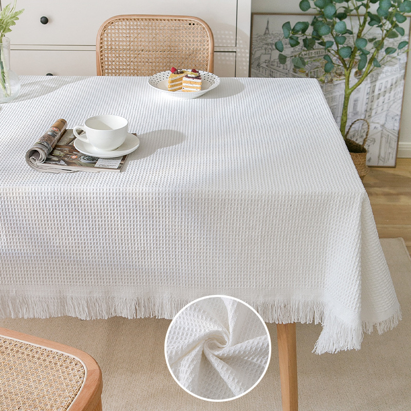 Mantel de gasa de algodón con borlas de estilo crema, mantel a prueba de polvo con atmósfera fotográfica, cubierta decorativa rectangular para mesa de centro antideslizante