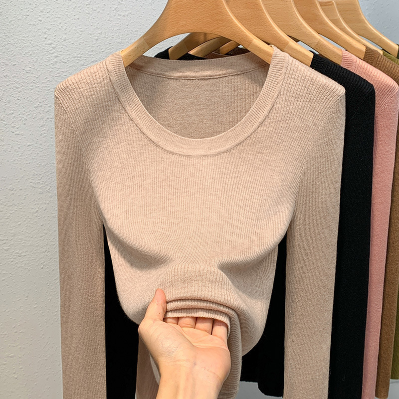 Knitted Bottoming Shirt for Women 2025 New European Women's Wide-Brimmed Round Neck Pullover Sweater Elastic Inner Waist Top