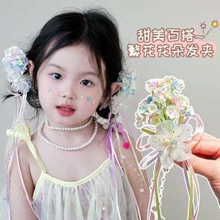 儿童多巴胺彩色花朵发夹女童蝴蝶结飘带流苏发卡小女孩氛围感头饰