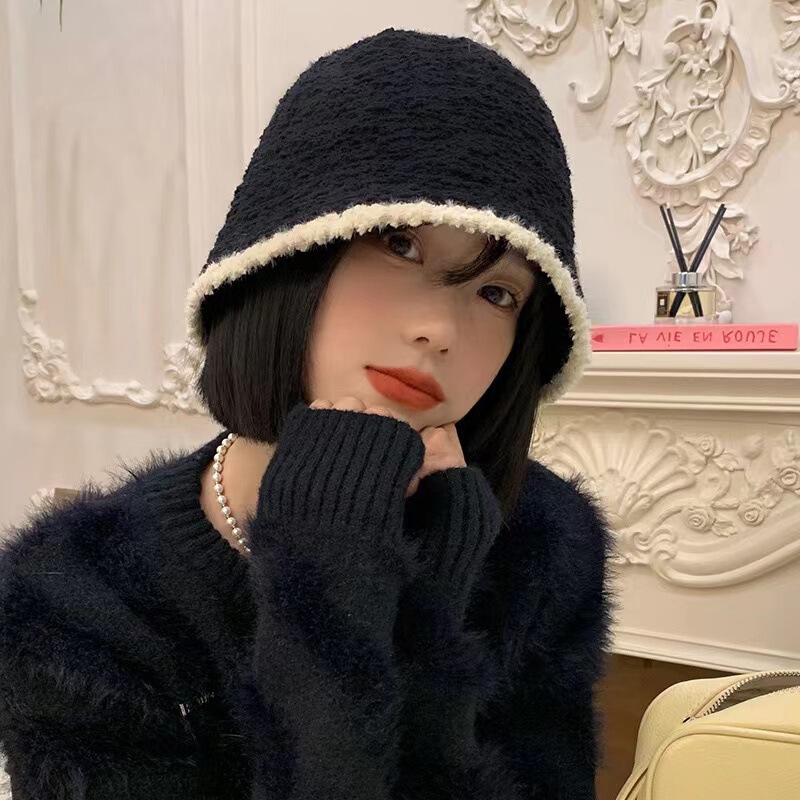 秋冬季渔夫女百搭毛绒盆帽素颜大头围水桶保暖显脸小遮脸针织帽子|undefined