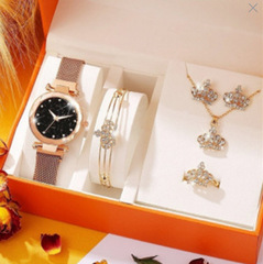 Women's watch fashionable temperament luxury boutique set gift box steel strap small dial watch + bracelet + jewelry set