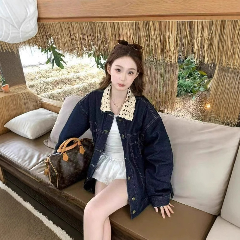 Spliced Lace Design Denim Jacket 2026 Spring and Autumn Retro Style Loose Versatile Ins Casual Jacket Top Spliced Lace Design Denim Jacket 2026 Spring and Autumn Retro Style Loose Versatile Ins Casual Jacket Top
