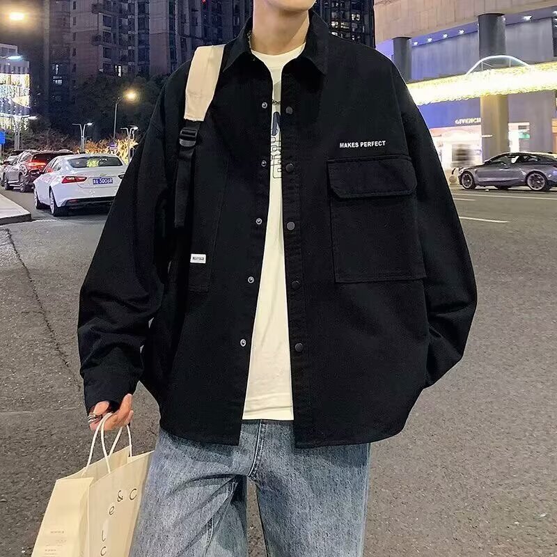 빈티지 코듀로이 긴팔 셔츠 남자의 가을 일본 스타일 유행 포켓 유행 브랜드 캐주얼 루즈 남성 셔츠 재킷