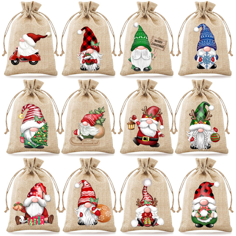 12Pcs Christmas Burlap Bundle Pocket Party Gift Bag Santa Candy Bag Linen Packaging Bag