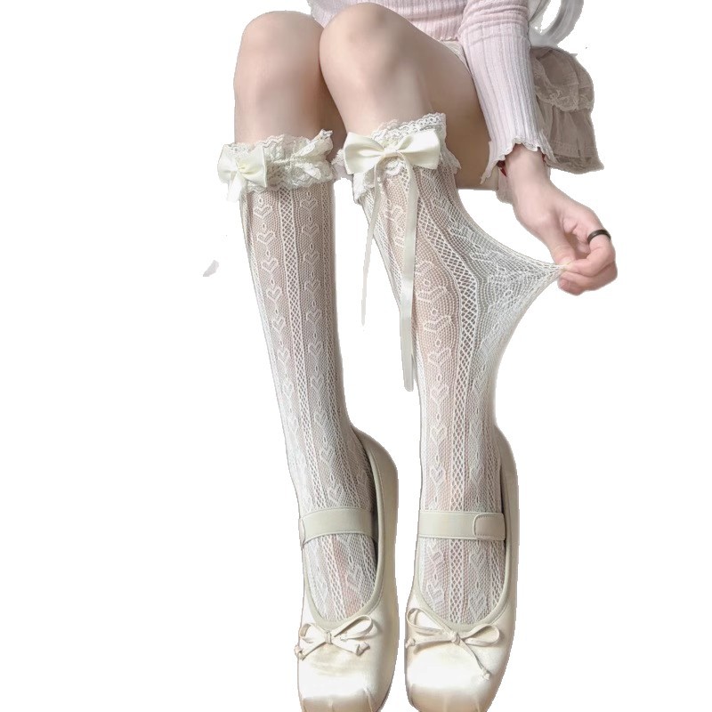 Lace Calf Socks for Summer, Ultra-Thin Cute Bow Lolita Jk Mid-Calf Socks, Ballet Style Slouch Socks