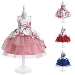 新品印花走秀蓬蓬裙女童禮服裙鋼琴演出兒童禮服小女孩網紗公主裙