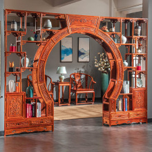 实木圆洞门组合墙 红木中式月洞门博古架隔断 花梨木月亮门博古架