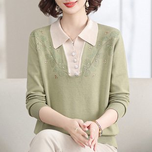 Middle-aged mother autumn lapel sweater western style long sleeve top middle-aged women spring and autumn new knitted base shirt