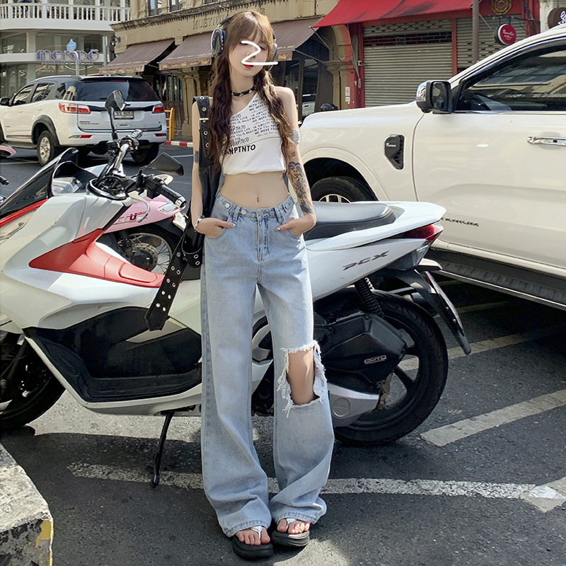 25thootd! Explosive Jeans Women's Waist Adjustable American Retro Ripped High Waist Loose Wide Leg Trendy Pants 25thootd! Explosive Jeans Women's Waist Adjustable American Retro Ripped High Waist Loose Wide Leg Trendy Pants