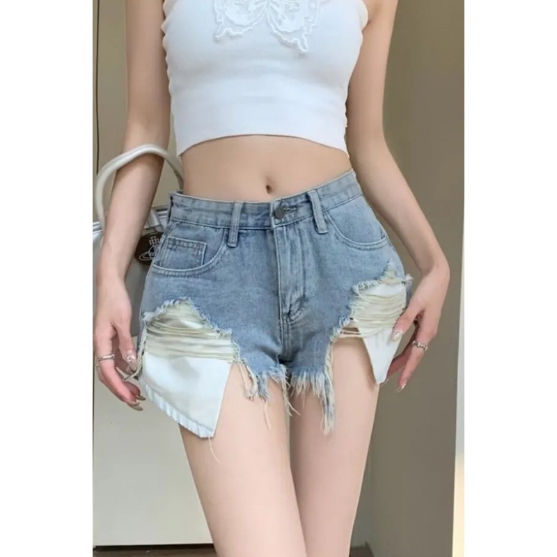Low-Waist Hot Girl Ripped Denim Shorts, New Summer Style, American and European Retro, Pocket Design, Slimming, Fringed Hem, Hot Pants