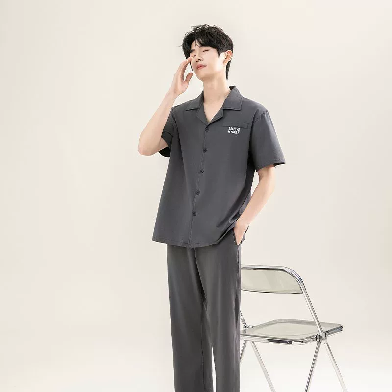 Set, pijama, cotton men's summer thin trousers for leisure, with short sleeve, plus size, wholesale