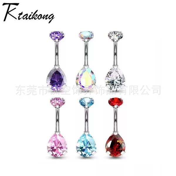 F136 Titanium Alloy Water Drop Navel Ring Double-Ended Zircon Curved Bar Navel Stud Super Shiny 5A Zircon Piercing Jewelry