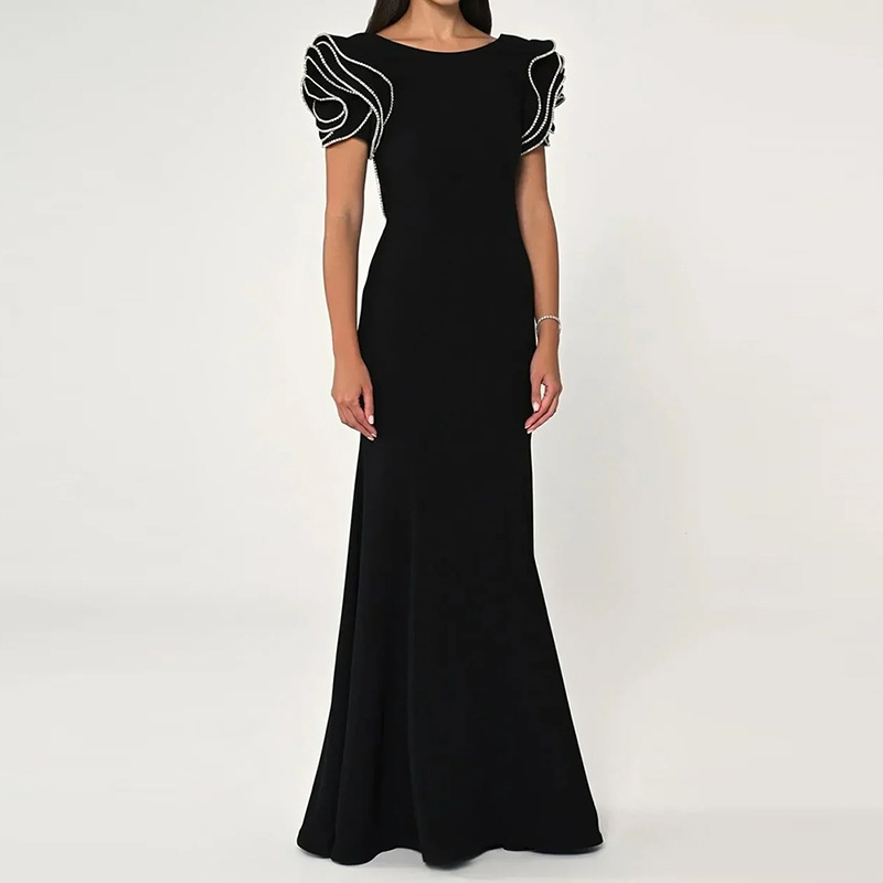 In Stock 2026 New Model European and American Designer Fashion Rhinestone-Embellished Ruffle Sleeve Backless Long Gown Floor-Length Dress