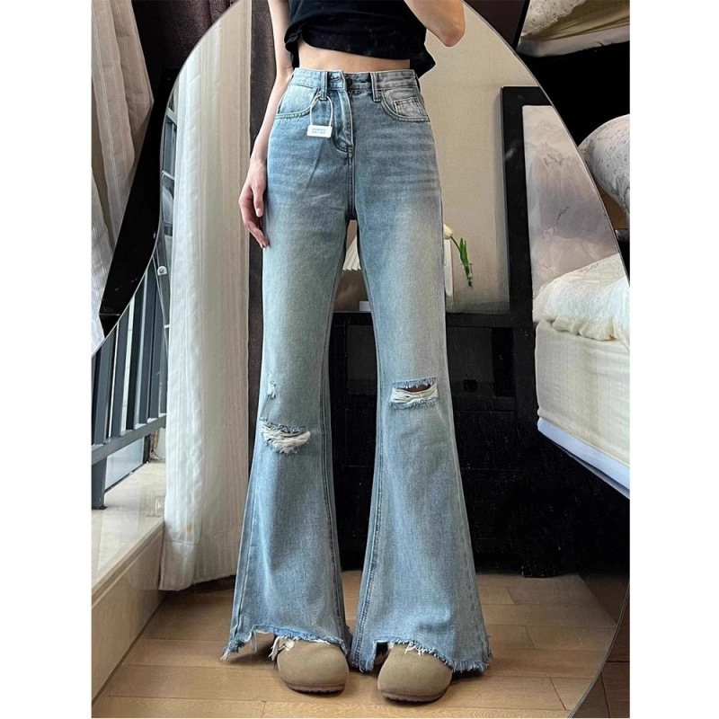 Vintage Washed Ripped Raw Hem Flared Jeans for Women 2025 Summer High-Waisted Slim Fit Floor-Length Bell-Bottom Pants