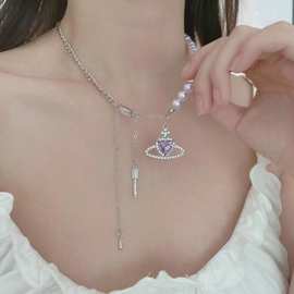 韩国新款浪漫宇宙爱心项链女水钻星球紫色珍珠拼接锁骨链现货批发