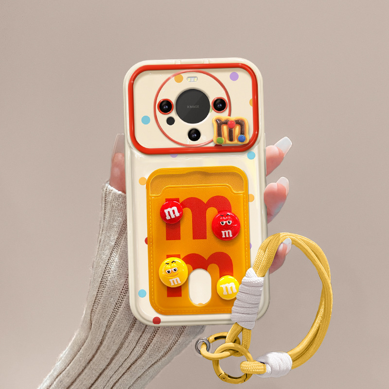 For Huawei P60 Phone Case Vivo Cartoon M Bean Doll Card Case Lanyard Oppo Flip Mirror Xiaomi 14 Women