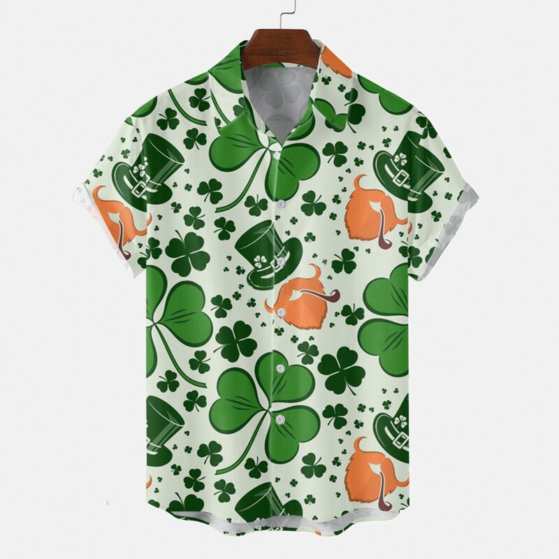 Cross-Border Export 2023 Summer Hawaiian Shirt Clover 3D Digital Printing Irish St. Patrick's Day