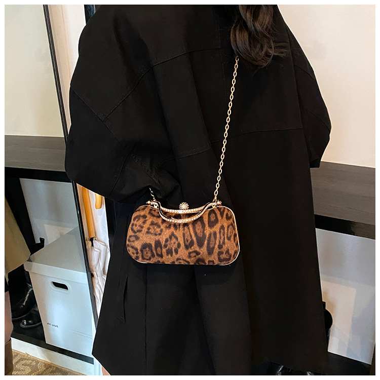 European and American style leopard print chain small square bag for women, 2024 new Korean style fashionable single-shoulder bag, flared crossbody dinner bag undefined