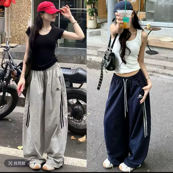 American-Style Street Side-Striped Quick-Dry Casual Pants for Women, Summer Loose and Lazy Style, Slimming Wide-Leg Straight Pants
