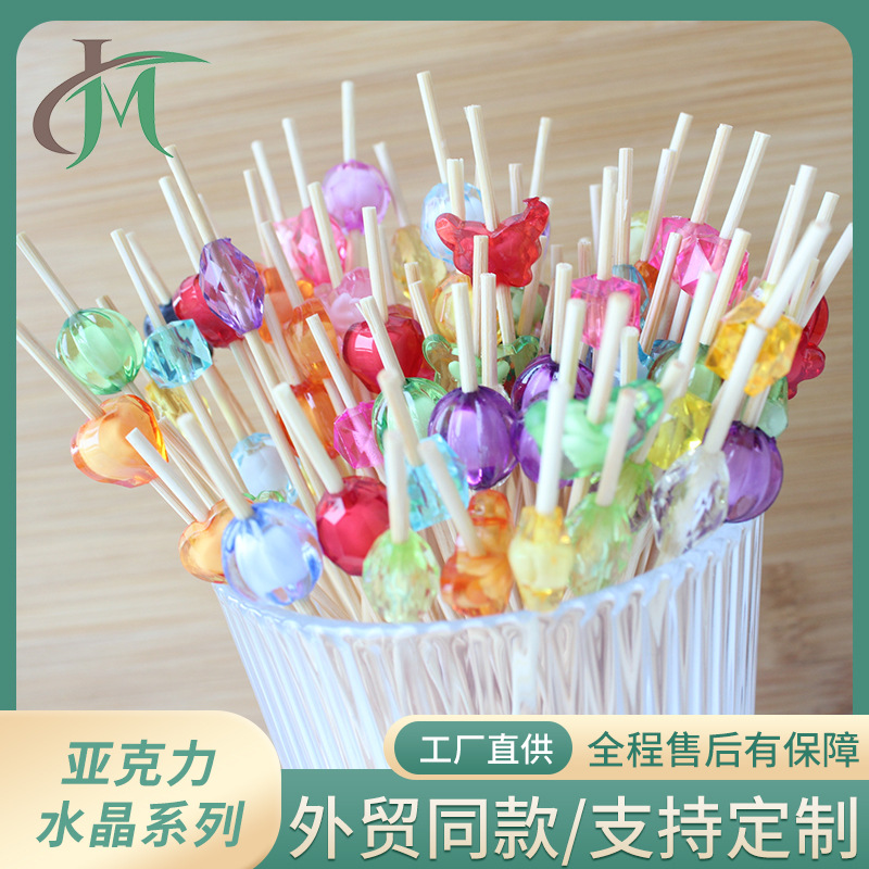 Bola de cristal de palo de bambú desechable 100 pcs/paquete Love Plum Blossom Diamond Bead Middle Pearl Cocktail Fruit Signo de acrílico