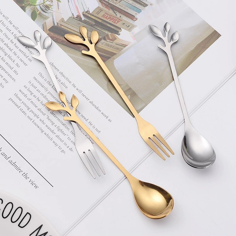 Нержавеющая сталь ложка золотые листья ложка фруктовая вилка с ручной ложкой кофейная ложка