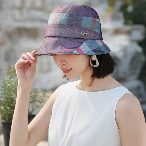 妈妈款春夏季渔夫帽户外出游时尚气质格子盆帽中老年遮阳防晒帽子