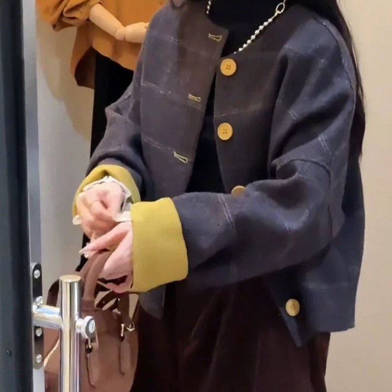 小个子韩系复古格子短款外套2025秋冬新款早秋夹克小香风上衣女装|undefined