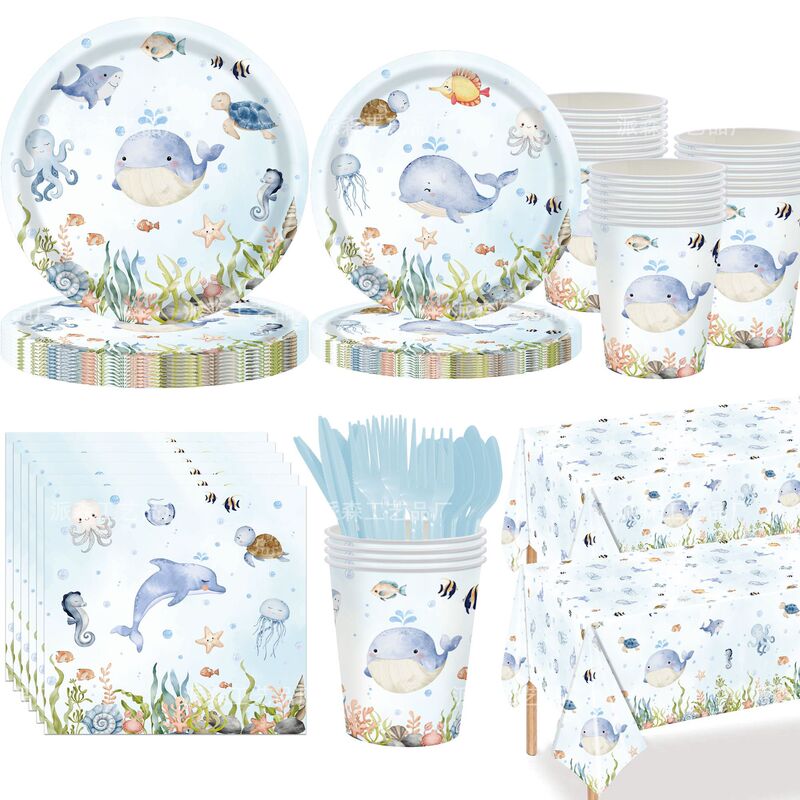 New Marine Animal Party Tableware Decoration Tablecloth Watercolor Blue Whale Disposable Paper Plate Paper Cup Paper Towel Fork New Marine Animal Party Tableware Decoration Tablecloth Watercolor Blue Whale Disposable Paper Plate Paper Cup Paper Towel Fork